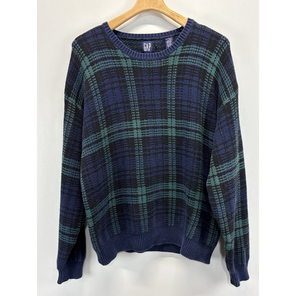 Vtg Y2K Gap Grape Plaid Sweater Men's L Blue Green Tartan Grunge Grandpa